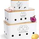 3 Pack Potato Onion Garlic Storage Set, Iron Vegetable Storage Bins with Holes Bamboo Lids, Stackable Kitchen Organization Container Storage Tin for Countertop Pantry