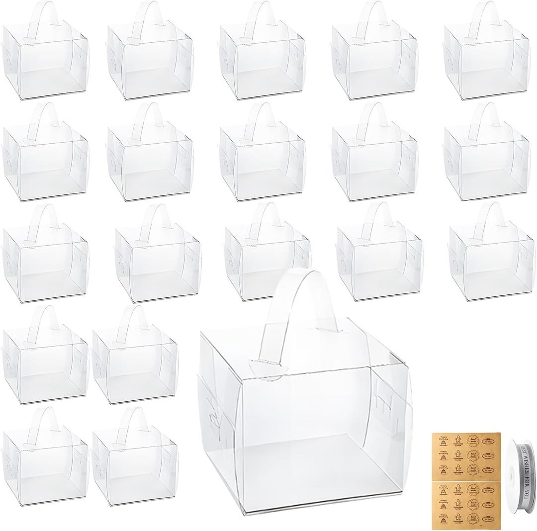 20 Pcs 6x6x5Inch Clear Cake Box, Transparent Bakery Boxes with Handles, Mini Cake Boxes for Christmas, Birthday, Wedding, PartyGift