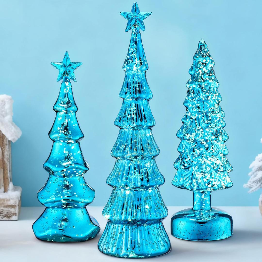Funnymoom 3 Pack Glass Christmas Trees Decor Lighted Christmas Tree Tabletop Glitter Centerpiece Decoration Glass Xmas Tree Figurines Holiday Ornament for Table Mantle Fireplace(Blue, Classic)