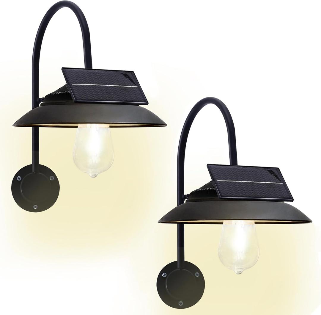 Goodeco Solar Barn Lights for Outside - 2 Lighting Working Modes with Motion Sensor, A Big Solar Panel & Clear Glass LED Edison Bulbs, Glow White, Yard & Housewarming Gifts, Black (2 Pack)