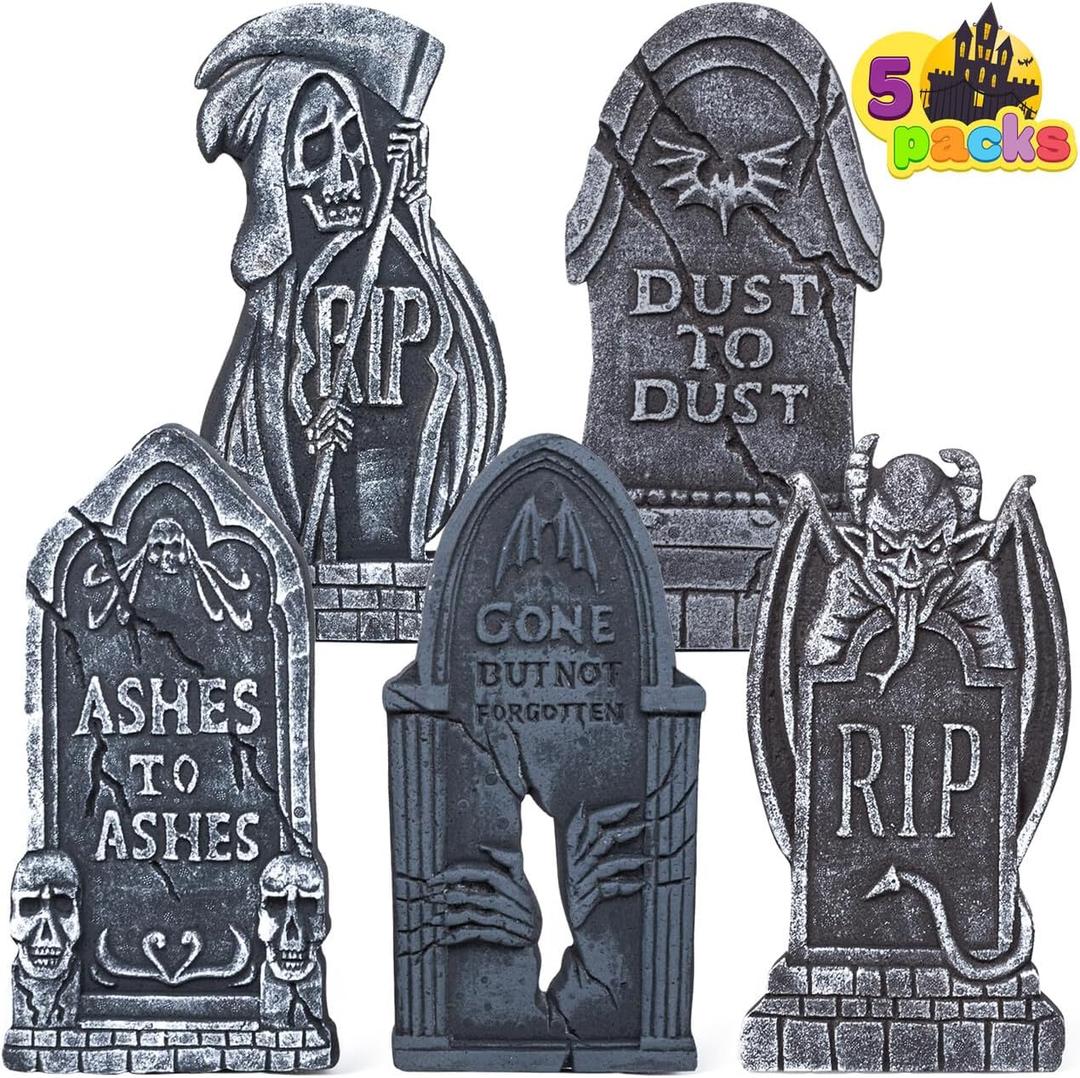 JOYIN 17 Halloween Tombstones for Graves Decorations Outdoor (5 Pack), Foam RIP Graveyard Headstone Decorations and 12 Bonus Metal Stakes for Halloween Yard Lawn Decor