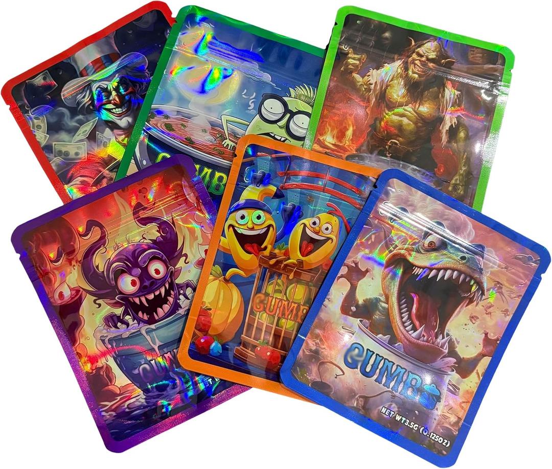 100 Packs Holographic 3.5g Mylar Candy Bags With Designs, Resealable 3.5 grams Baggies, 4x5 Inches Stand up Packaging Food Storage Bag