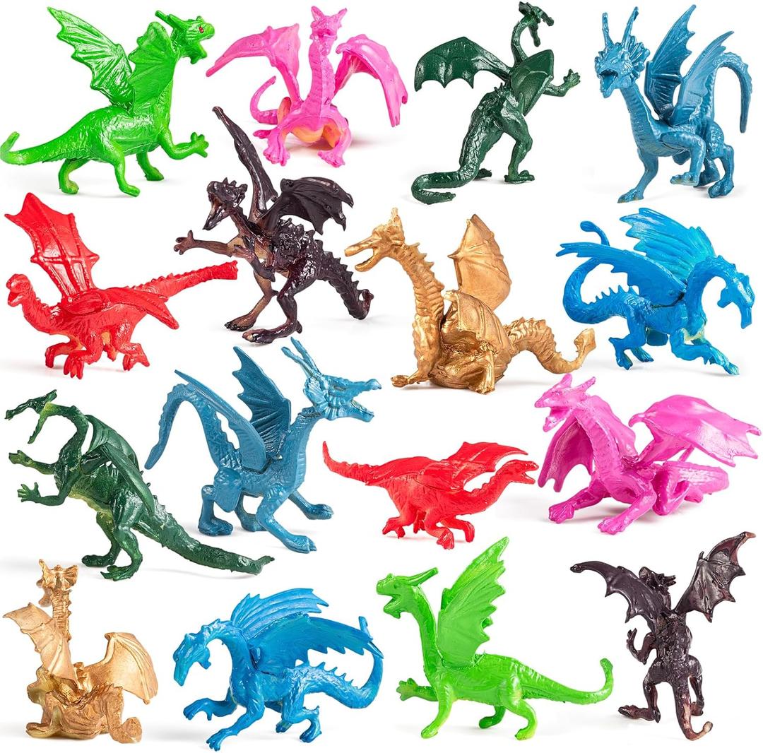 Bedwina Mini Dragon Toy Figures - (Pack of 36) 2 Inch Plastic Rubbery Dragon Figurines in Assorted Colors and Styles - Kids Toys for Birthday Party Favors, Decorations, Cupcake Toppers and Piatas