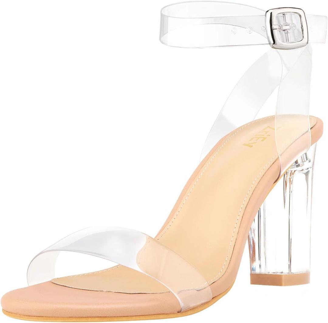 ZriEy Nude Clear Block Sandals Chunky Heels for Women 3.35 Inch Open Toe Adjustable Ankle Strap Pump Sandals for Weddings Parties Daily Wear Size 6.5