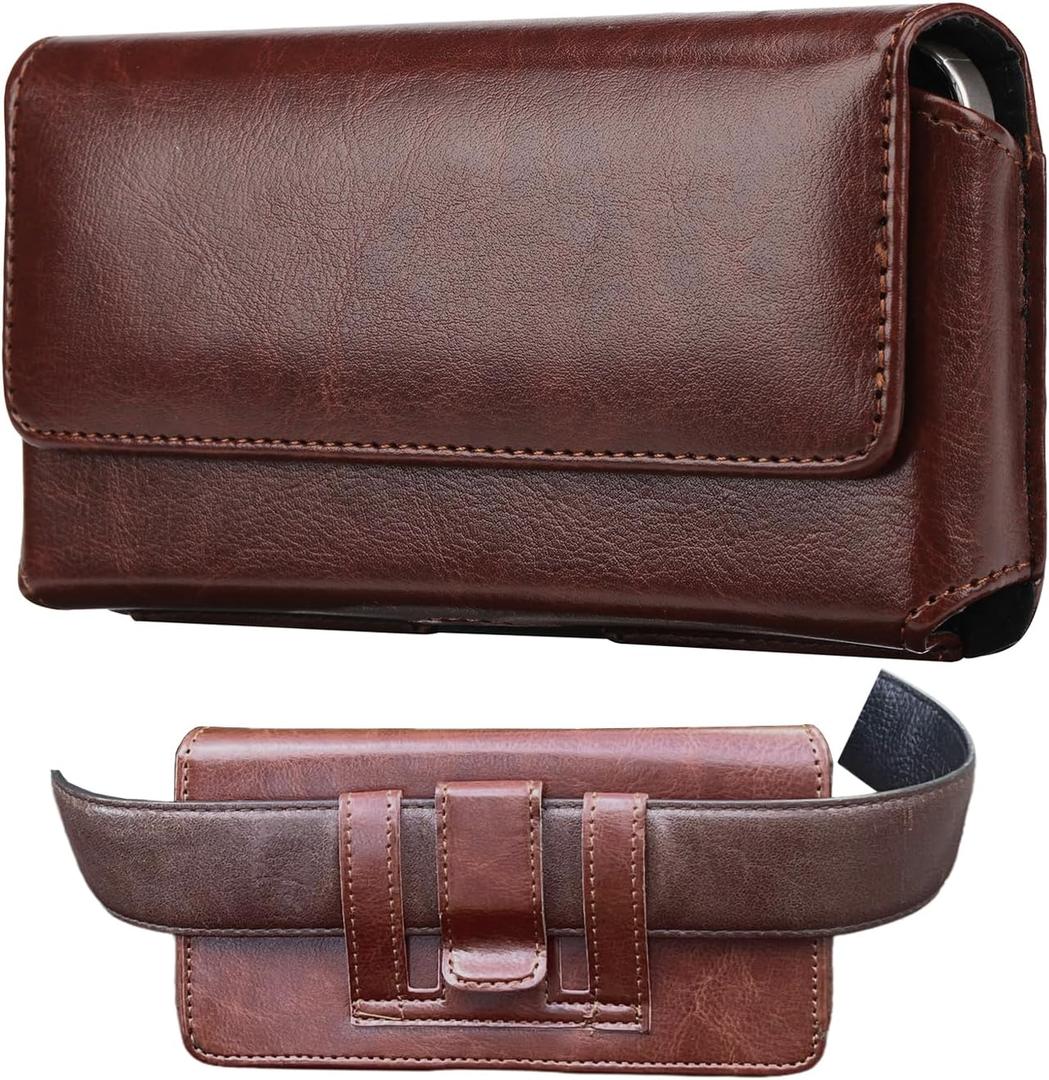 Leather Phone Holster for iPhone 17/17 Pro, 16/16 pro,15/15 Pro,14/14 Pro, Galaxy S25/24/23/22/21/20, Premium Leather Belt Clip Case with Belt Loop Cell Phone Belt Holder Pouch Cover for Man-Brown