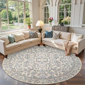 jinchan Round Rug 7ft Area Rug Soft 7'Round Vintage Floral Rug Non-Slip Low-Pile Machine Washable Carpet for Bedroom Dining Room Living Room Office Foyer Farmhouse Blue/Cream