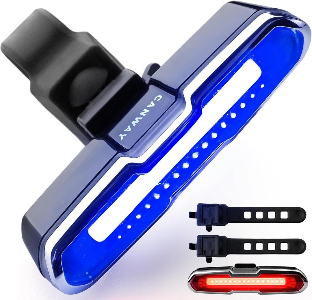 Canway Bicycle Rear Light Red/Blue, Bike Tail Light Rechargeable 168 Lumens Bike Tail Light Battery USB C 500mah 5 Modes Waterproof Safety for Road Mountain Night Riding