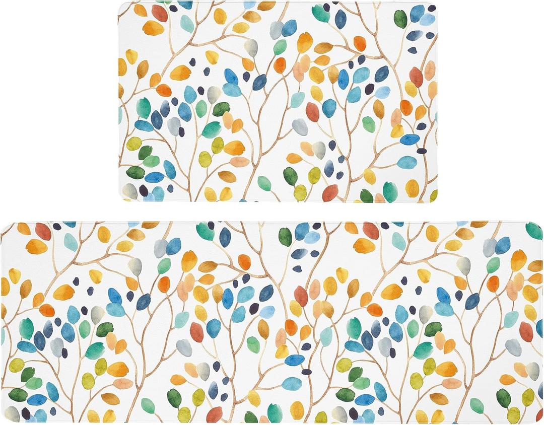 weesire Anti Fatigue Mats for Kitchen Floor Boho Kitchen Rugs Colorful Floral Leaves Memory Foam Cushioned Non-Slip Waterproof Kitchen Mat PVC Kitchen Rug Set, 17.3x28+17.3x47 inches, Laundry, Yellow