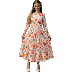 RONGTAI Girl Layered Swing A-Line Long Sleeve Dress Lightweight Casual 5D Printed Party Dresses for Little Kids 12-13Y