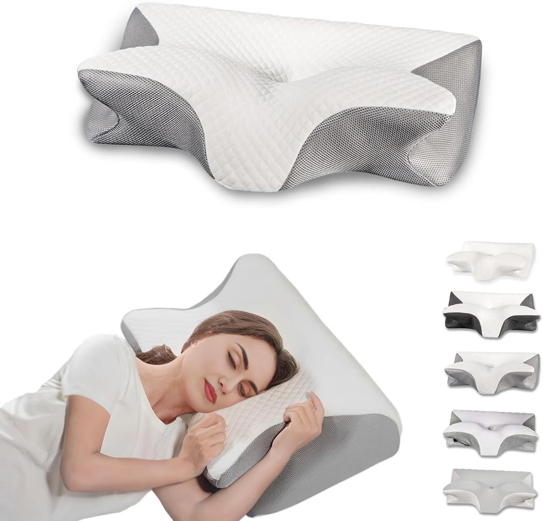 Cervical Pillow for Neck Pain Relief, Ergonomic Contour Orthopedic Pillow for Sleeping Shoulder Pain & Support, Cozy Memory Foam Neck Pillow Mesh Pillowcase for Side Back Stomach Sleeper(Grey)