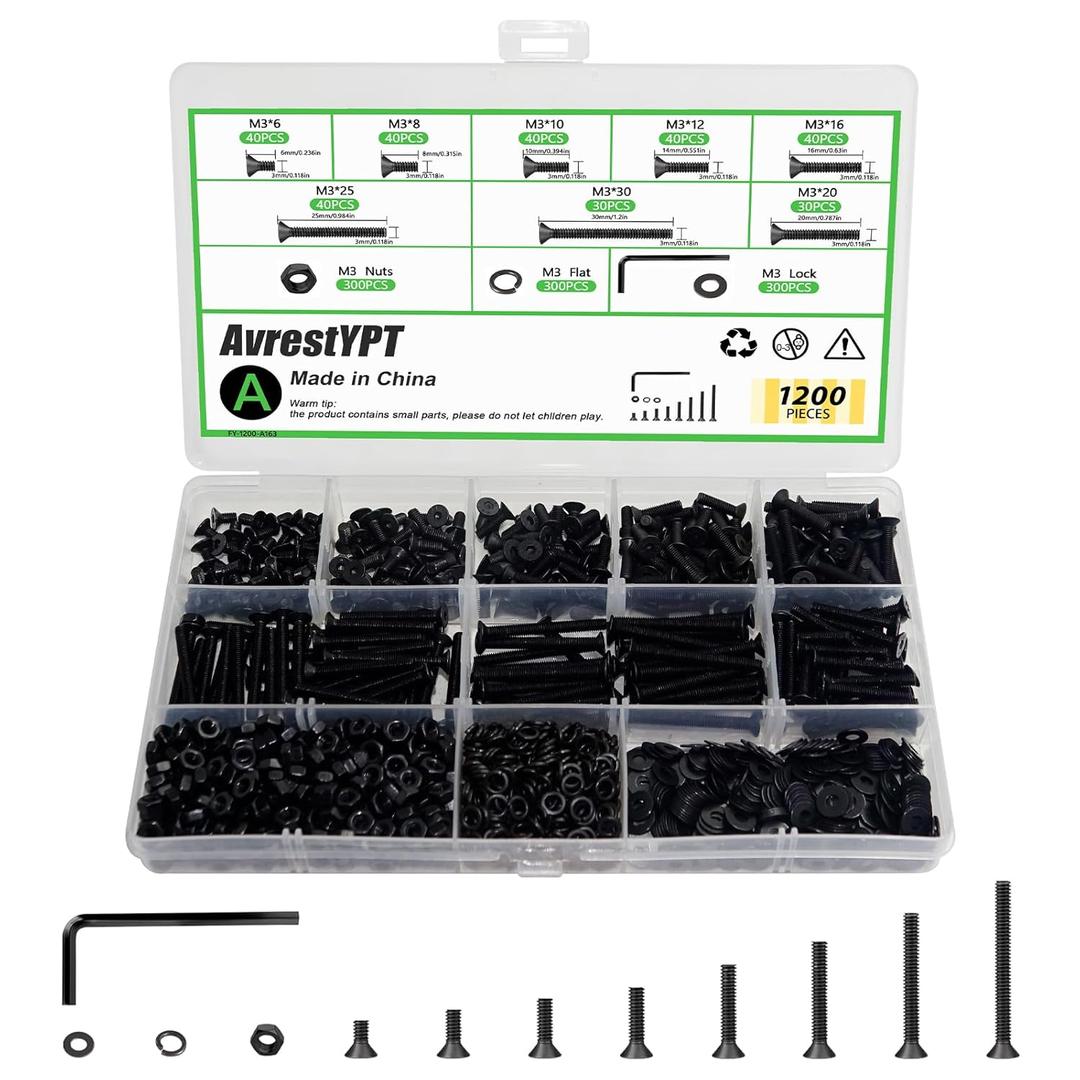 1200 Pcs M3 Countersunk Screws Screws Assortment kit Flat Head Screws Machine Screws Phillips Bolts Nuts Washers Assortment Kit with Screwdriver for Electronics, Machinery - M3x6/8/10/12/16/20/25/30mm