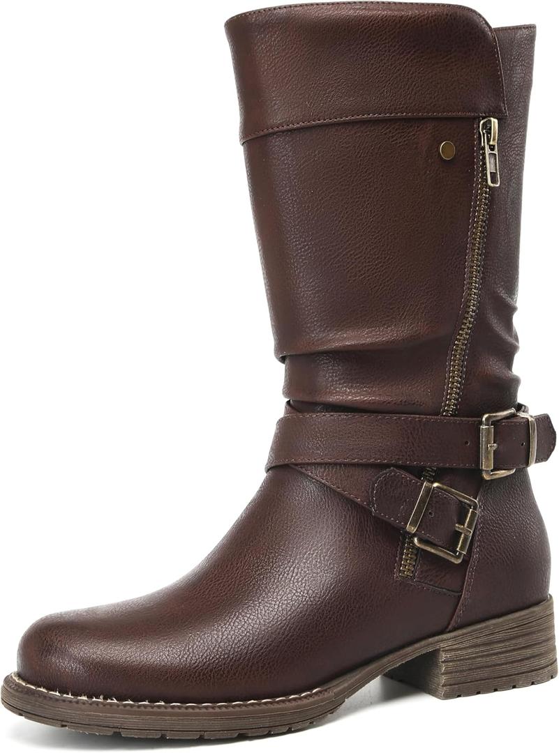 DECARSDZ Women's Mid-Calf Boots Fall Low Heel Fashion Ladies Combat Motorcycle Boots (8, Brown)
