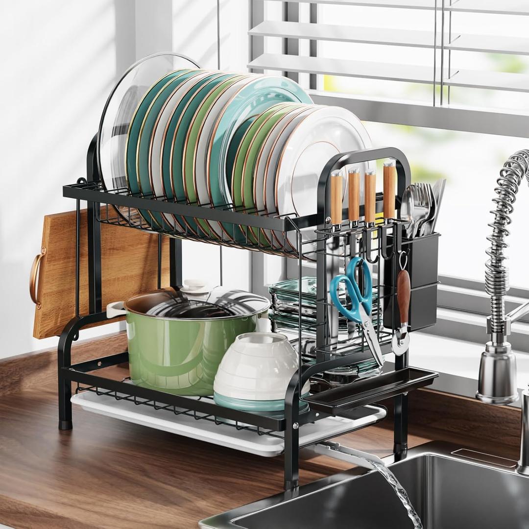 Swedecor Dish Drying Rack - 2 Tier Dish Rack Rust Resistant Small Dish Drainer with Drain Spout and 4 Hooks Utensil Holder for Kitchen Countertop Saving Space, Black