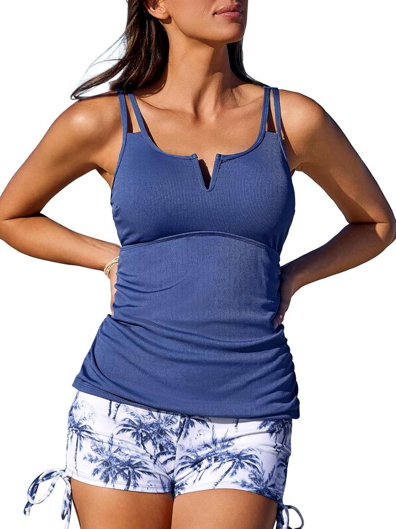 Summer Mae Tankini Swimsuits for Women 2026 Bathing Suits Top Ruched Two Piece Tummy Control V-Wire Modest Swim Suits (Blue, M)