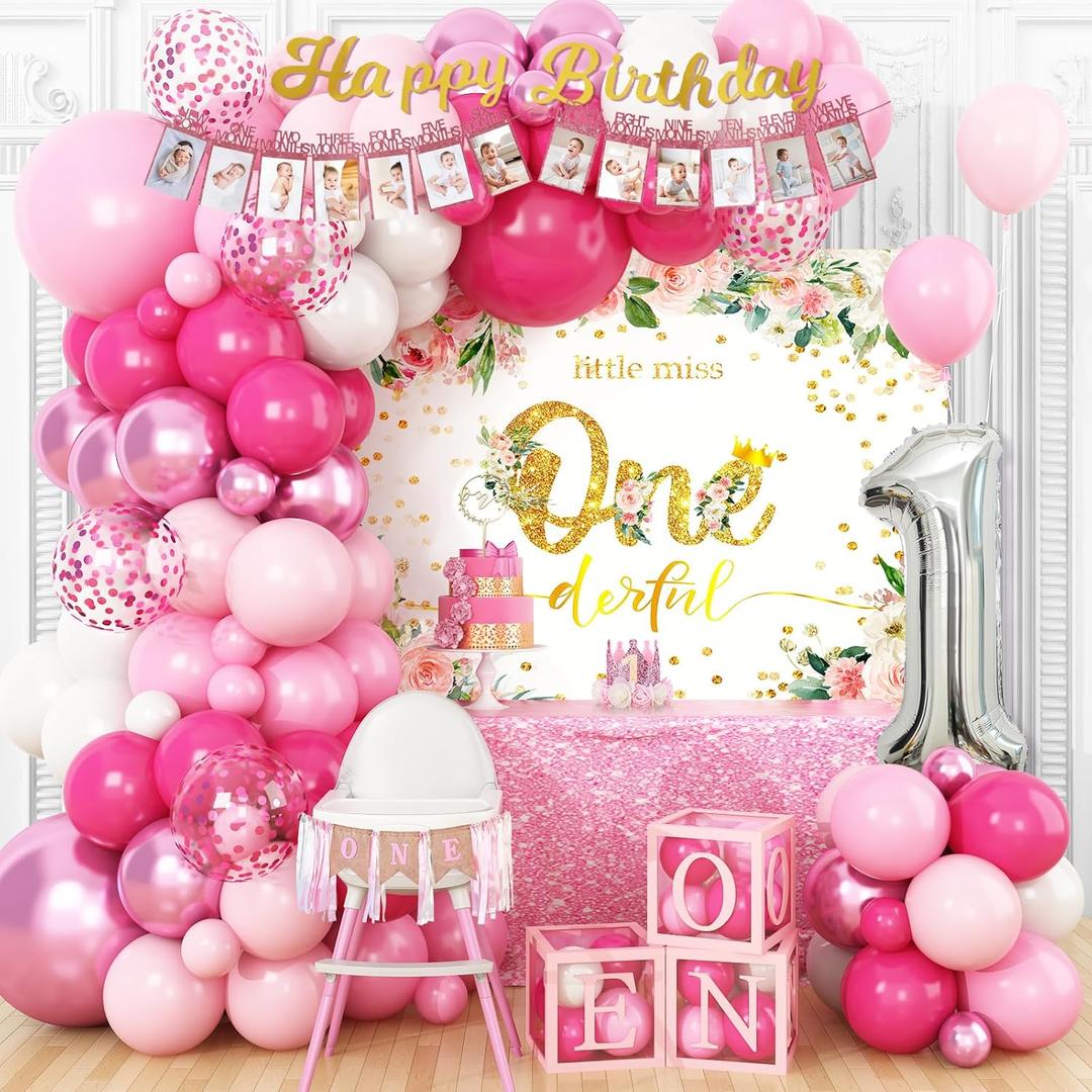 Baby Girl 1st Birthday Decorations Supplies, Baby 1st Birthday Decorations for Girl, Balloon Boxes, Backdrop, High Chair Banner, Crown, Photo Banner (Pink-silver)