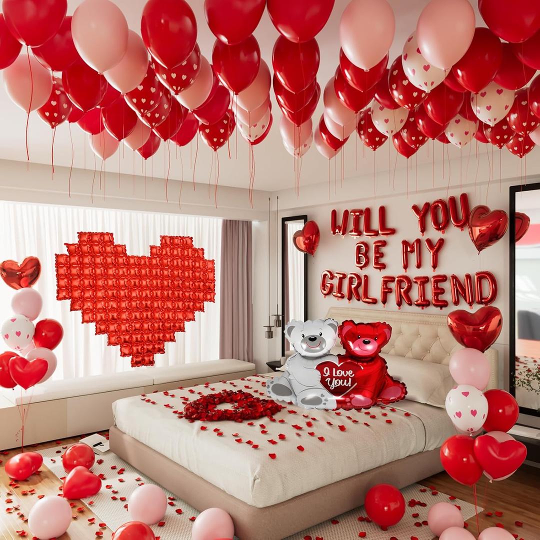 Red 'WILL YOU BE MY GIRLFRIEND' Balloons Sign,Valentines Day Decorations,Confession Letter Balloons with Red and Pink balloons,Love Foil Balloons and Rose Petals for Romantic Special Night Decorations