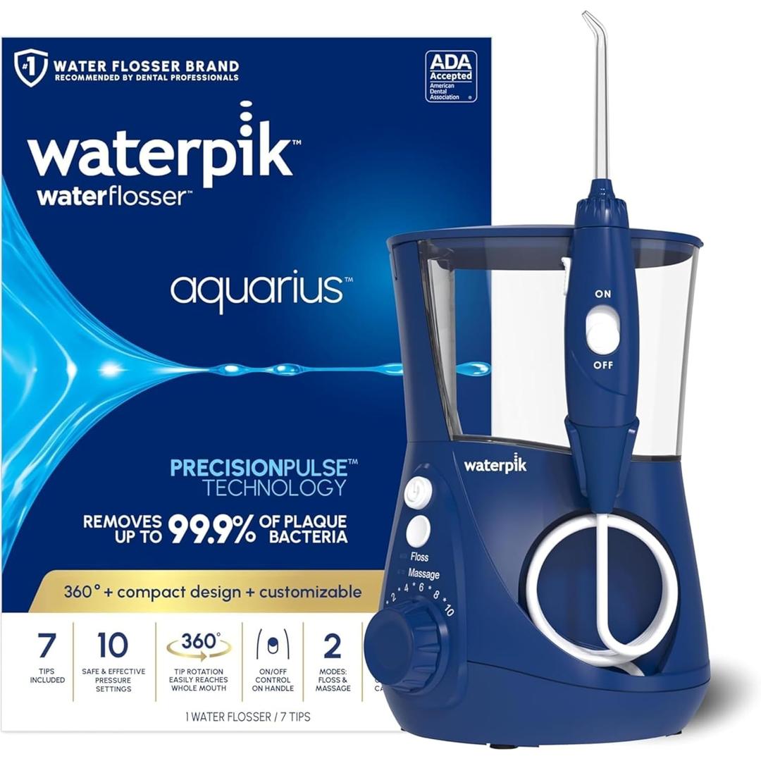 Waterpik Aquarius Water Flosser For Teeth Cleaning, Gums, Braces, Dental Care, Electric Power With 10 Settings, 7 Tips For Multiple Users And Needs, ADA Accepted, Blue WP-663, Packaging May Vary