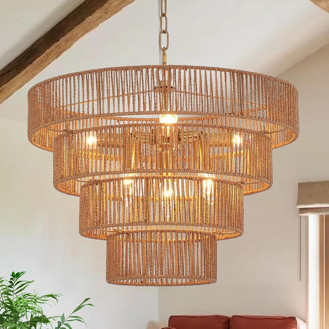 Large Rattan Chandelier 20in Boho Lighing Hand-Woven Coastal 4-Tier Pendant Light Fixtures 6-Light Gold Brown Chandeliers for Dining Room Restaurant Bedroom Kitchen Island Hallway