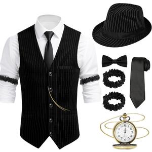 1920s Mens Costume Gatsby Gangster Roaring 20s Costumes for Men with Vest Hat Pocket Watch Bow Tie for Themed Party (XX-Large)