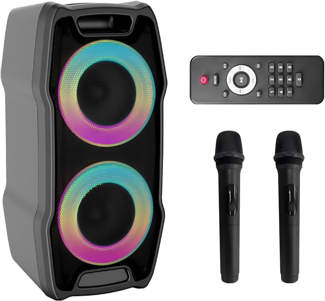 VeGue Karaoke Machine, Wireless Bluetooth PA System for Adults & Kids with Dual 8'' Subwoofers, 2 UHF Wireless Mics, Colorful LED Lights, Ideal for Home Karaoke, Party, Stage Performance (VS-0808)