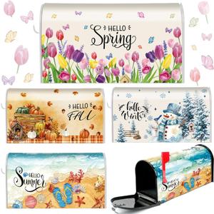 Dispowreath 4 Pcs Mailbox Covers Magnetic Standard Size 18 x 21 Inch Hello Spring Summer Autumn Winter Magnetic Mailbox Covers Wraps for Holiday Christmas Garden Yard Home(Romantic Style) (Beach)