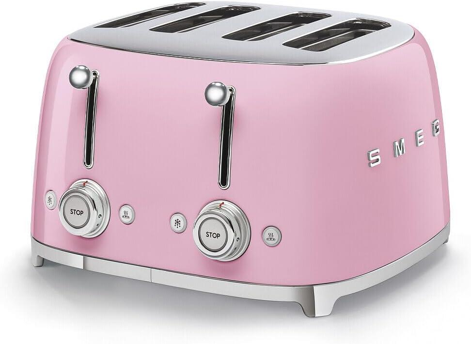 SMEG 4 Slice Toaster TSF03, Retro Stainless-Steel Toaster with Wide Slots for Bagels, 6 Browning Levels, Defrost Reheat Bagel Functions, Dual Controls, Crumb Trays, 1800W - TSF03PKUS - Pink