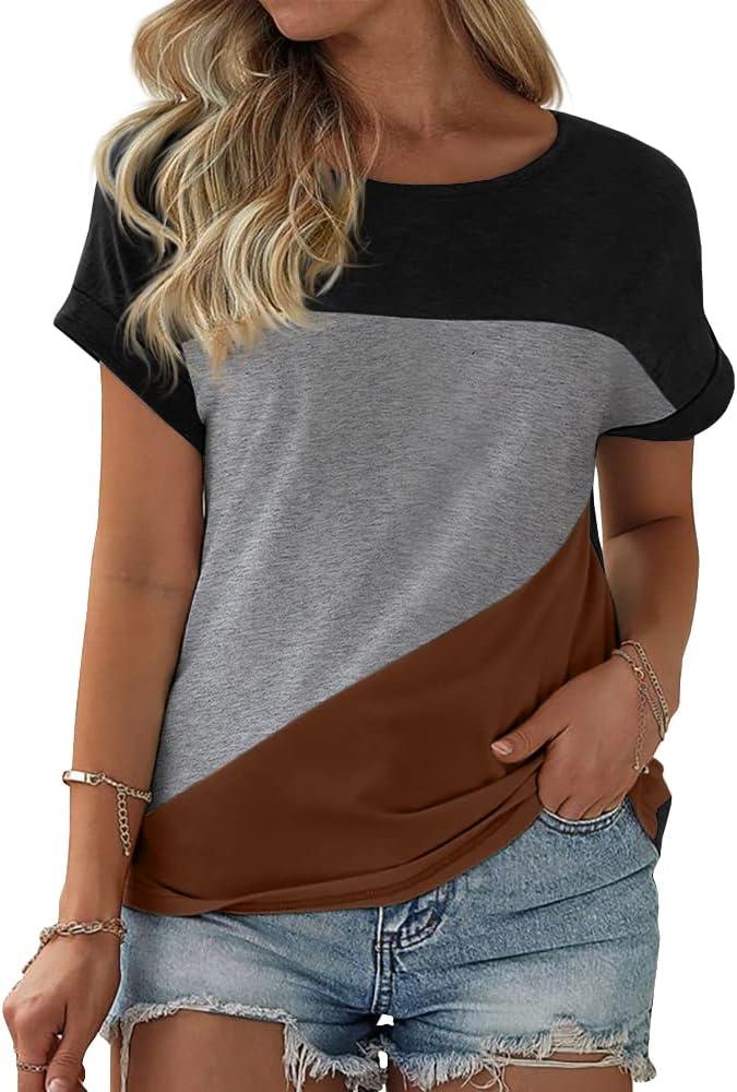 Womens Color Block Short Sleeve Tops Casual Summer T-Shirt (Large, Black+ Grey+ Brown)