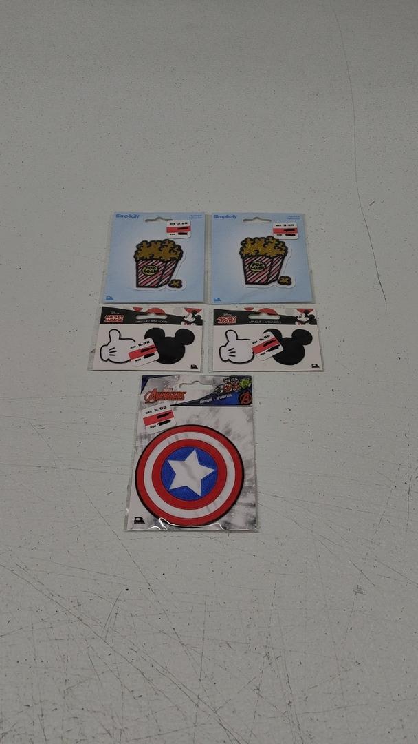 Pack of 5: Simplicity - Popcorn Applique(2), Simplicity Marvel Captain America Applique Iron-on Patch for Clothing, Jackets, and Backpacks, 3.5" D, Disney Mickey Mouse & Thumbs Up Iron-On Appliques(2)