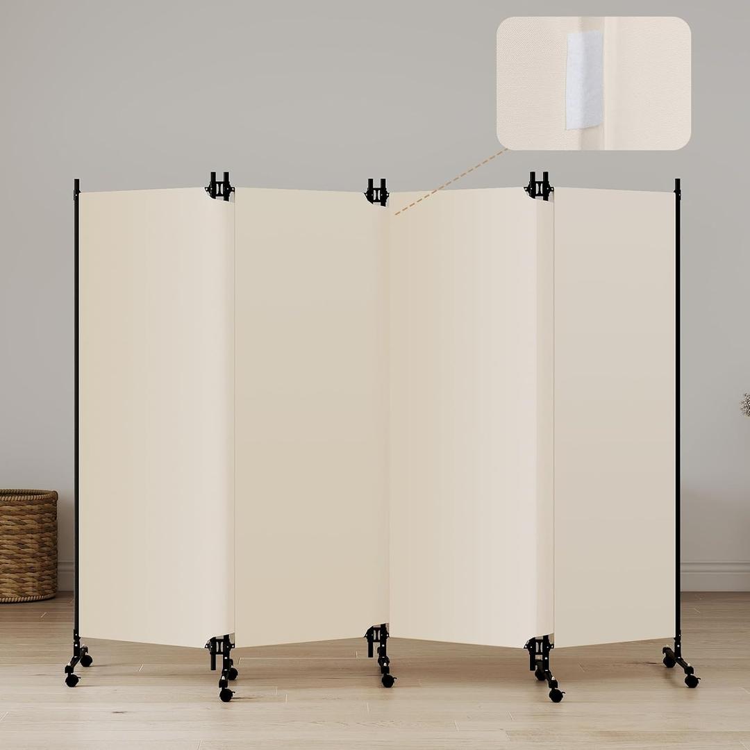 Kokorona 4 Panel Room Divider, Folding Privacy Screen Wall Dividers with Lockable Wheels, Freestanding Partition Divider for Room Separation, Portable Room Divider, 97''W x 72''H, Beige