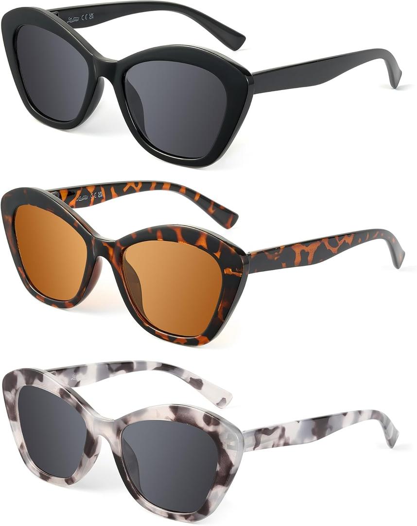LADEESSE 3 Pack Reading Sunglasses for Women Fashion Cateye Sun Readers Outdoor Reading Glasses UV400