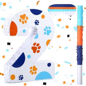 Soulchen Number 2 Piata with a Blindfold and Bat, 16.5 x 11 x 3 Inches Blue Dog Paw Piatas for 2nd Birthday Party Decorations for Boys Girls Blue Theme Birthday Decoration