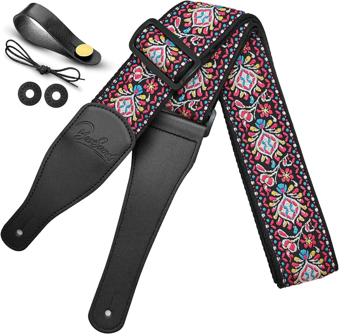 Guitar Strap, Jacquard Embroidered Cotton Straps with Genuine Leather Ends Shoulder Strap for Bass, Acoustic, Electric Guitar (Retro Hot Pink)