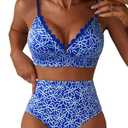 Herseas Women's Embroidered Flowers Bikini Sets Scalloped V Neck Swimsuits High Waisted Bathing Suits, S Size