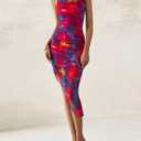 PRETTYGARDEN Women 2025 Summer Mesh Dress Spaghetti Strap Cowl Neck Print Ruched Bodycon Dresses Asymmetrical Long Dress (XL)