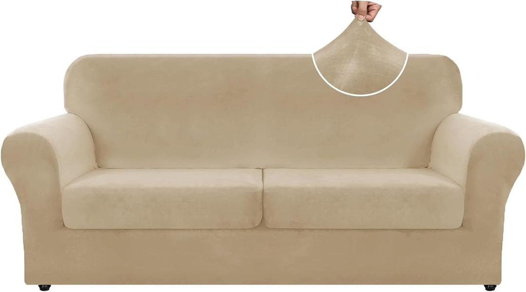 ZNSAYOTX Oversized Velvet 3 Piece Couch Cover with 2 Extra Large Seat Cushion Covers Stretch Sofa Cover for 2 Cushion Couch Thick Loveseat Sofa Slipcover for Living Room (Camel), 72"-92"(2 Cushions)