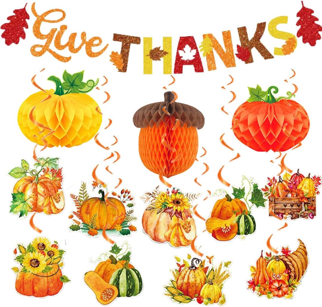 Fall Thanksgiving Decorations Banner for Party - Fall Office Decorations for Work - September Thanks Giving Decor Set - Autumn Festival Give Thanks Decor Kit - Orange