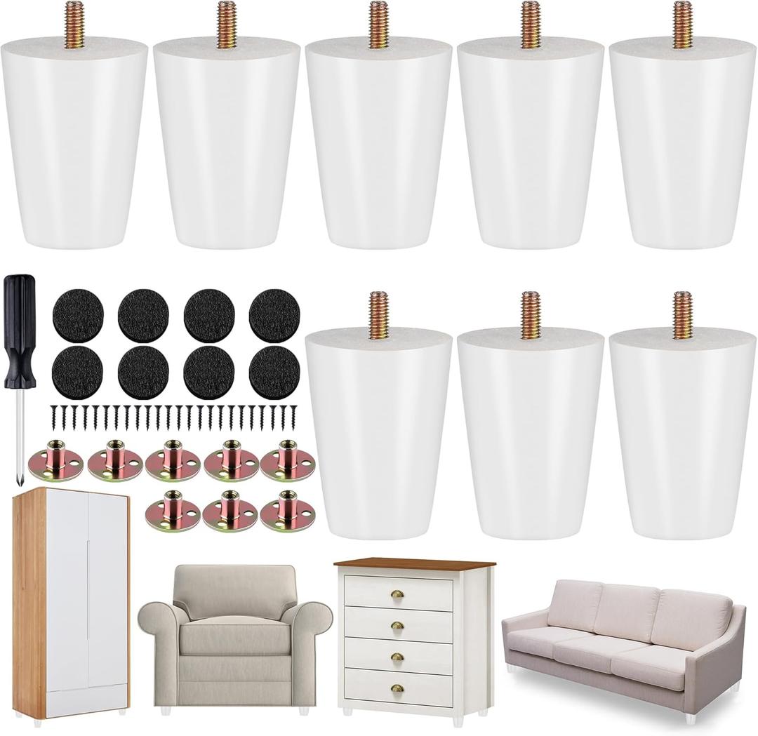 TURSTIN 8 Pieces Furniture Legs 3 Inches Round Solid Wood Furniture Feet with M8 TNuts Couch Legs Sofa Leg Replacement Leg for Armchair, Cabinet, Chair, Dresser or Home DIY Projects, White