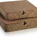 Elsjoy 2 Pack Flat Seagrass Storage Bins with Lid, Wicker Woven Storage Basket Set, Rattan Organizer Bins for Shelf, Closet, Bedroom