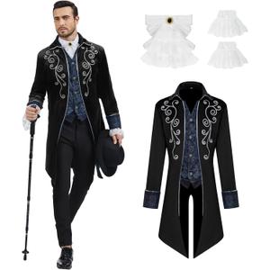 Men Medieval Steampunk Tailcoat Jacket Gothic Victorian Frock Coat Uniform Halloween Party Cosplay Gentleman Costumes (3X-Large, Black)