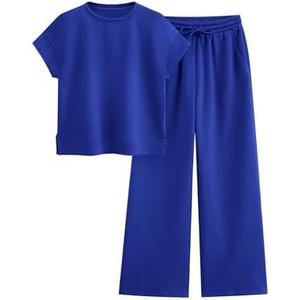 PRETTYGARDEN 2 Piece Outfits For Women Casual Tracksuit Short Sleeve Tops And Wide Leg Long Pants Matching Lounge Sets, M, Blue 