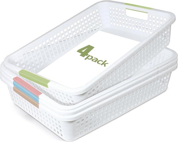 ShineMe 4pack Paper Trays for Classroom Organization, Solid Plastic Baskets for Organizing, Sturdy and Stackable Turn in Bins with Colored Handle for Home, Office, Pantry Room, Desk Drawer Organizers