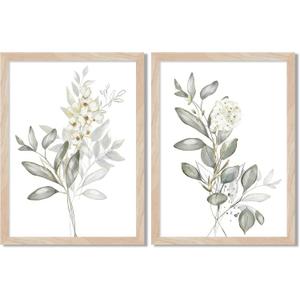 Framed Nature Botanical Wall Art Set of 2, White Floral with Green Eucalyptus Leaves Canvas Prints, Modern Minimalist Flower Painting Picture For Kitchen, Bedroom, Dining Room,Bathroom Decor, 16x20IN