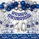 40th Birthday Decorations for Men, Blue and Silver 40th Birthday Party Decorations for Him, Happy Birthday Banner 40th Birthday Balloons Tablecloth Fringe Curtains Hanging Swirls Bday Party Supplies