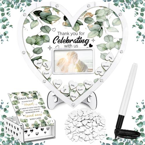 Colingmill Wedding Guest Book Alternative with 100 Wood Hearts, Drop Box Pen 13.5 x 13.5 Eucalyptus Leaves Theme Picture Frame Rustic Wedding Guest Book for Reception Ceremony(White,Heart)