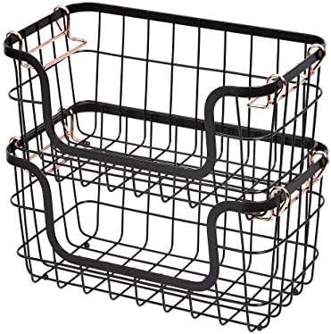 Amazon Basics Stackable Metal Wire Rectangular Storage Basket Set For Kitchen or Bathroom, 2 Count, Black