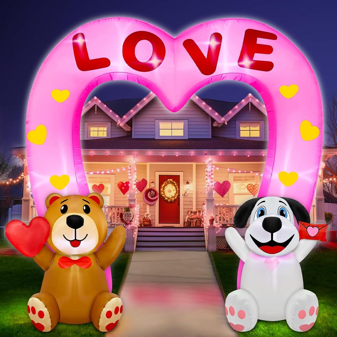 8 Feet Valentine's Day Inflatables Outdoor Bear Holds Heart, Dog Love Envelope Pink Love Archway Inflatables Romantic Valentine Blow up Build-in LED Light Valentines Day Decorations Lawn Yard Wedding