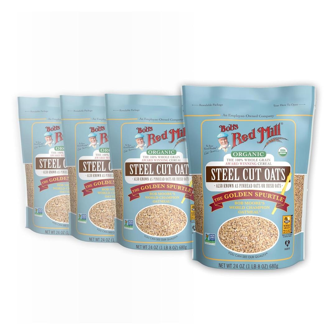 Bob's Red Mill Organic Steel Cut Oats, 24oz (Pack of 4) - Non GMO, Whole Grain, Vegan, Kosher (EXP 06/19/28)