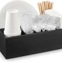 Black Utensil Holder for Party - Wooden Paper Plate and Utensil Caddy for Countertop - Silverware Caddy for Cup Fork Spoon Napkin - Cutlery Organizer for Kitchen Camping Buffet Picnic