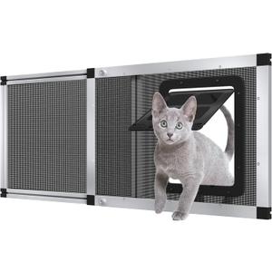 Adjustable Ventilated Pet Door for Window 31.7"-39.3" Wide, Silver Aluminum Frame + Stainless Steel Mesh | Breathable Bug-Proof | 4-Way Lock Magnetic Closure Cat Window Door,Cat Door for Window Insert