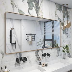 CHARMOR 72x36 Inch Gold Bathroom Mirror for Wall, Large Brushed Gold Framed Mirror, Large Rectangle Vanity Mirror, Rounded Corner, Shatterproof, Anti-Rust (Horizontal/ Vertical)